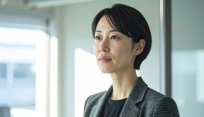ガラスの間仕切りが美しい明るく清潔なオフィスで、耳に髪をかけた落ち着いた表情の30代日本人女性が静かに前を見つめる