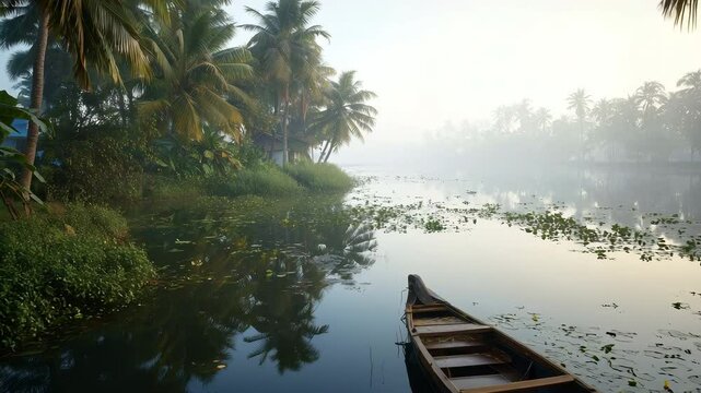Pushing over tropical backwater river with lush green foliage and moored wooden canoe, captured in a serene dawn light.