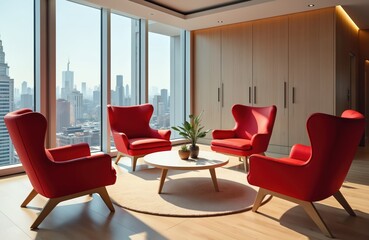 Stylish modern conference room with red armchairs, round table, city skyline view from windows. Empty office interior design. Meeting space for business. Room with furniture for discussion.