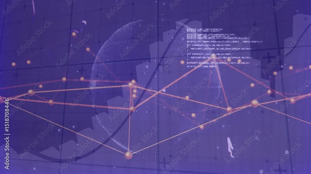 Poster sphere appearing on purple grid starting network forming graph and rotating globe visualizing data