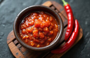 Homemade sambal oelek Indonesian cuisine. Spicy chili sauce dip condiment in bowl. Red chili peppers lie nearby on wooden coaster. Asian cookery fresh spicy dip.