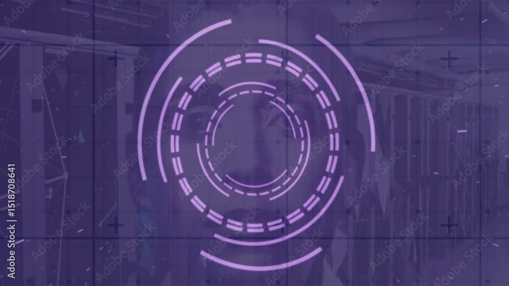 Poster on load initiating concentric rings spinning alternately over data center racks showing data flow
