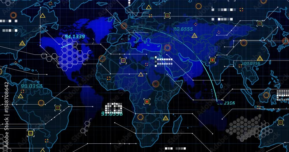 Poster numeric readings appearing initiating digital world map visualizing global data flow connections