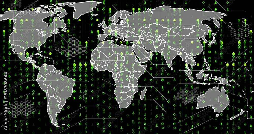  binary clusters appearing on white map outline cascading code streams representing connectivity