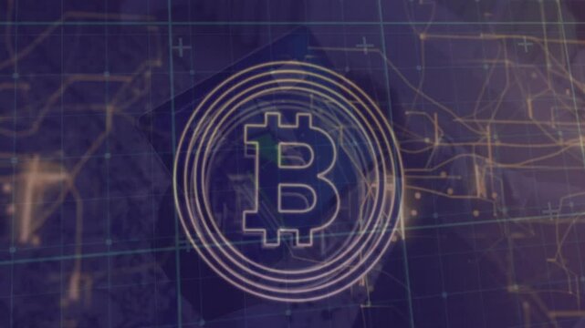 Hands placing device causing blue grid and gold waves sweeping rings revealing glowing bitcoin icon - Powered by Adobe