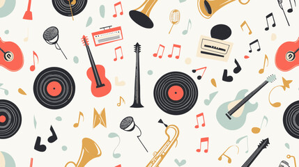 Retro musical instrument and vinyl pattern vector background with colorful notes for presentations