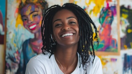 Naklejka premium A woman with black dreadlocks and dark brown eyes, wearing a white t-shirt, is an artist, studio background with paintings, generative ai
