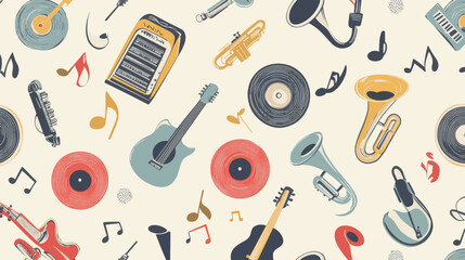 Obraz premium Retro musical instrument and vinyl pattern vector background with colorful notes for presentations