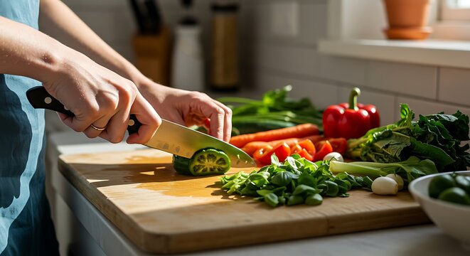 Culinary Prep: A culinary scene with hands meticulously slicing through fresh vegetables, preparing for a delicious meal in a bright kitchen.