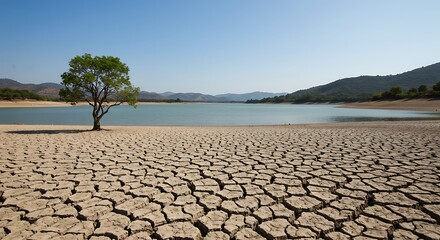 Barren Earth: A lone tree stands resilient against a backdrop of a vast, arid landscape, with a cracked earth, inviting reflection on themes of ecological change and survival.