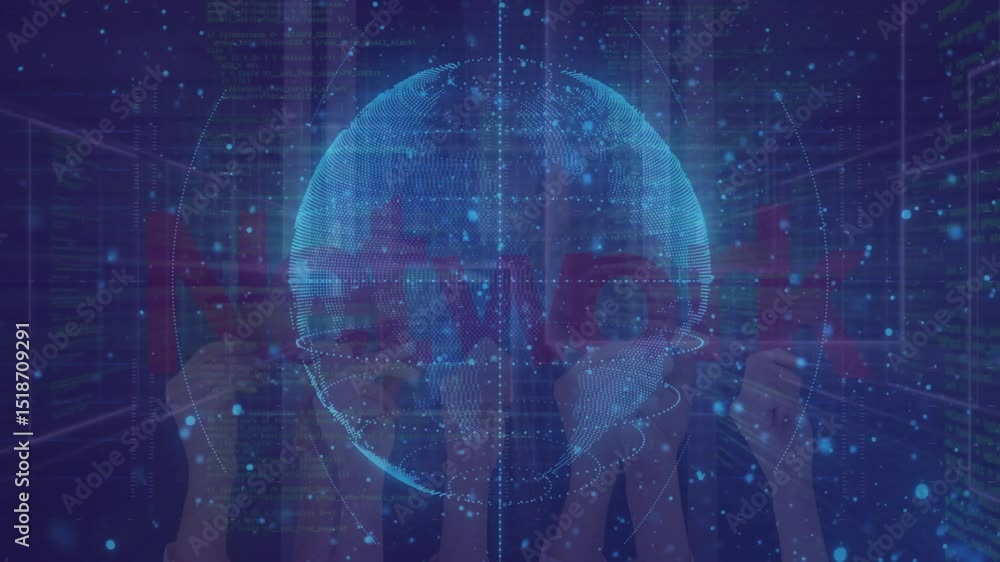 Poster at 1s mark translucent globe appearing, rotating orbiting rings glitching network text showing data