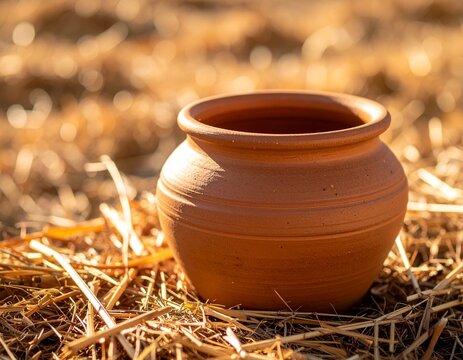 Pote de barro artesanal em palha seca