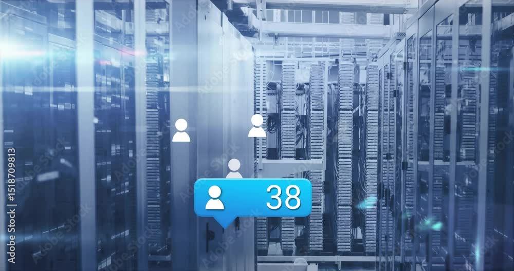 Aufkleber overlay bubble popping at server aisle, animating user icons, updating count showing user growth