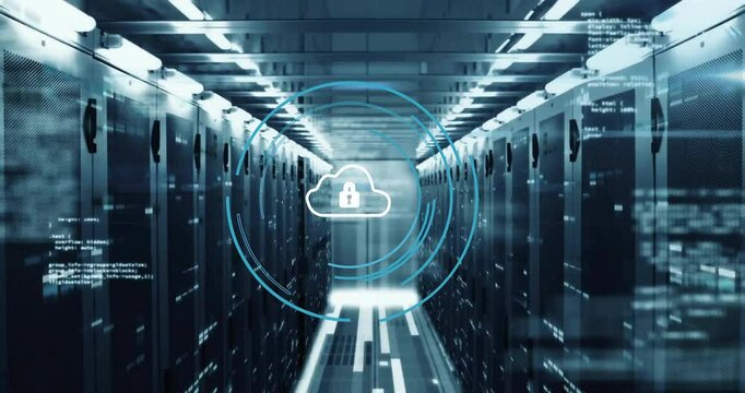 Starting code projection cloud lock icon appearing pulsing rings dollying visualizing secure scan