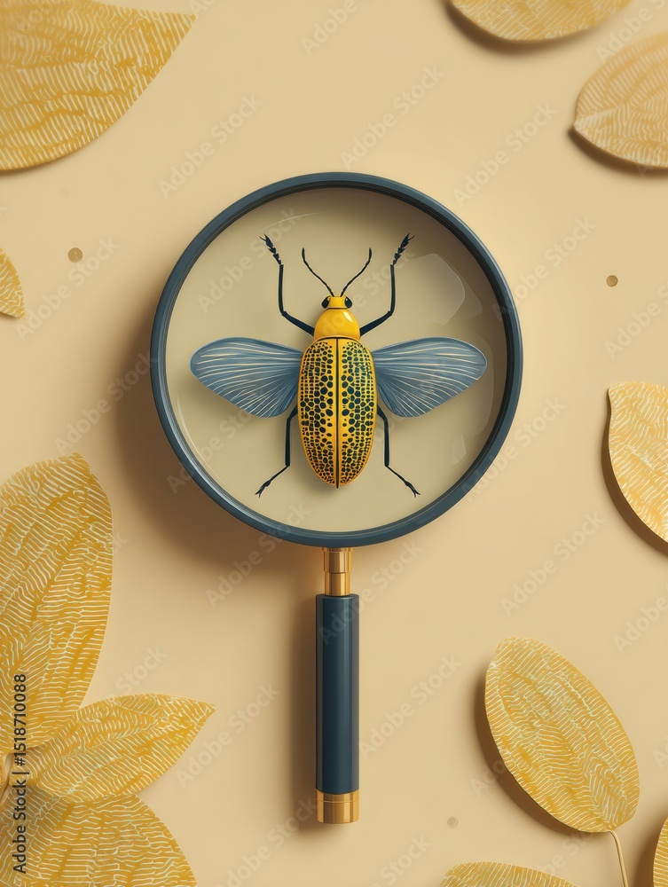 Poster illustration showing magnifying glass highlighting bug icon in a minimalistic design with a warm col