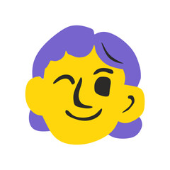 Winking Yellow Girl with Purple Hair and Playful Smile in Naive Flat Vector SVG on Transparent Background – Friendly Expression Icon for Kids’ Apps, Storybooks, and Educational Designs