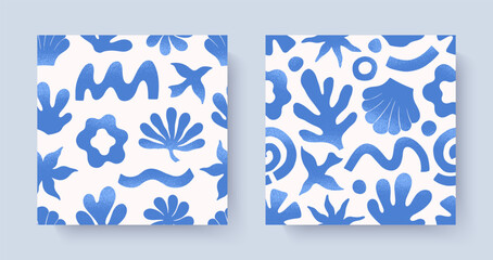 Summer tropical seamless patterns with hand drawn nature organic elements:palm,sun,coral,seashell,bird,wave.Trendy backgrounds for banners,smm,branding,textile,covers,prints.Summer vacation aesthetic