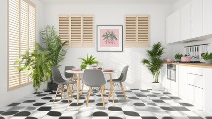 A modern kitchen and dining area with plants and light.