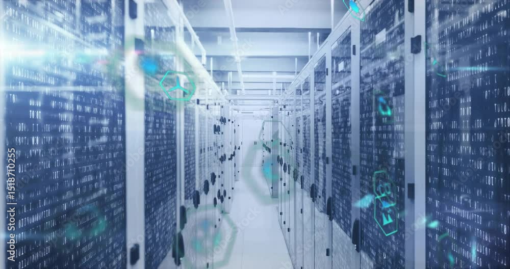 Poster on load, hex icons and binary streams drifting over server racks illustrating dynamic data flow