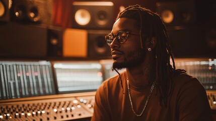 A dark-skinned man with dreadlocks and glasses, wearing a brown t-shirt, is a music producer, mixing console background, generative ai