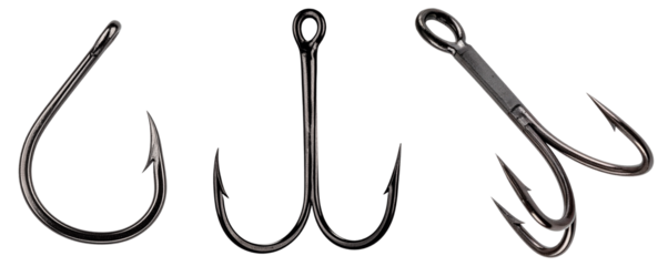 collection of fishing hooks isolated on white background