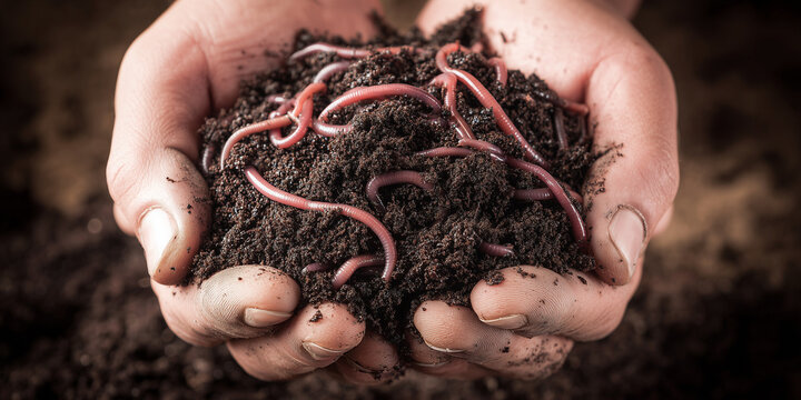 Hands holding rich vermicompost with red wigglers, close-up of composting worms in nutrient soil, concept of sustainable organic gardening and vermiculture