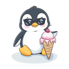 Cute penguin wearing sunglasses holds ice cream cone. Summer penguin illustration with ice cream cone and cherry. Cool penguin image perfect for summer postcards and children's books.