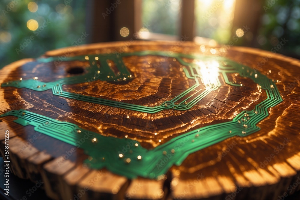 Poster close-up of a tree trunk cross-section with embedded green circuit board design in sunlight