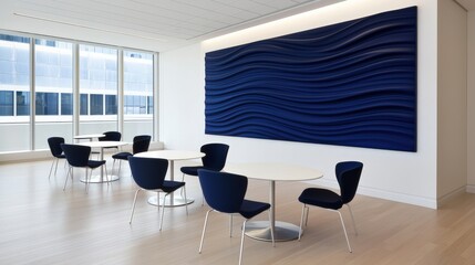 Fototapeta premium Modern office lounge with round tables, navy chairs, large windows, and a striking blue wave wall art accent.