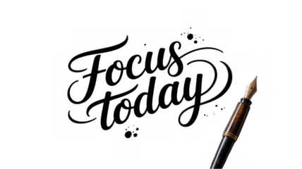 Focus today hand lettering is written with a stylish modern calligraphy font and a fountain pen is pointing at the writing on a transparent background