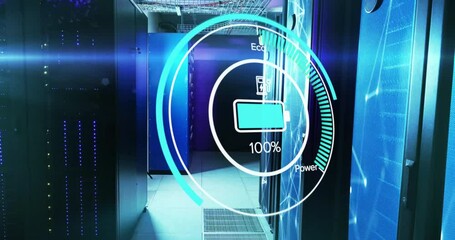 Data corridor overlay appearing and monitoring eco power gauge filling then dropping beside racks - Powered by Adobe