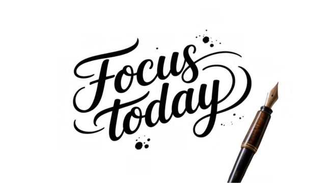Focus today hand lettering is written with a stylish modern calligraphy font and a fountain pen is pointing at the writing on a transparent background