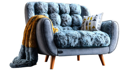 Cozy armchair with plush faux fur upholstery and throw blanket