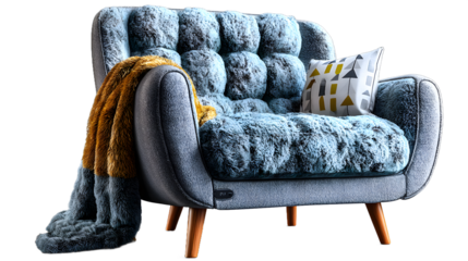 Cozy armchair with plush faux fur upholstery and throw blanket