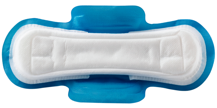 top view of a sanitary pad in blue color isolated on white background