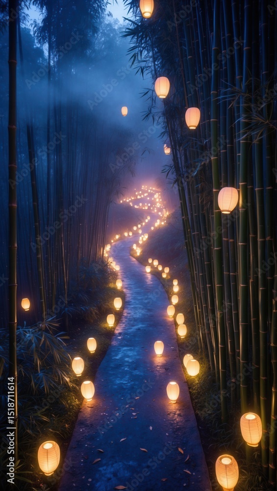 Poster serene bamboo forest pathway illuminated by glowing lanterns during twilight with a mystical atmosph