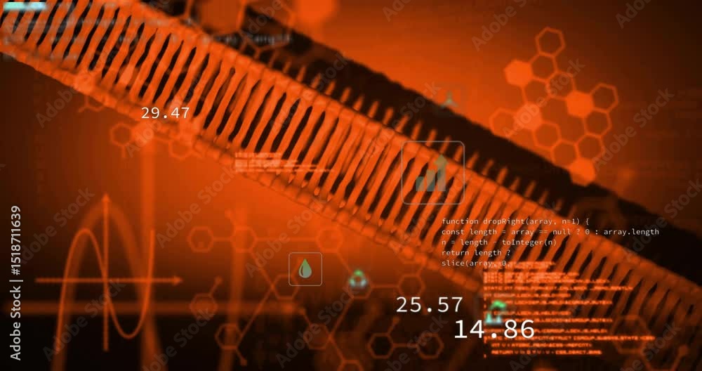 Poster emerging ribbed helix rotating backward showing chart and droplet icons sliding code updating data
