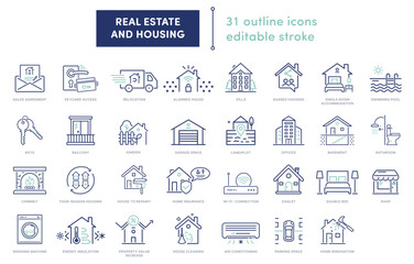 A versatile icon pack for real estate and home projects: keys, offices, garages, balconies, Wi-Fi, smart homes, and more. Fully customizable outlines for easy use in any design !