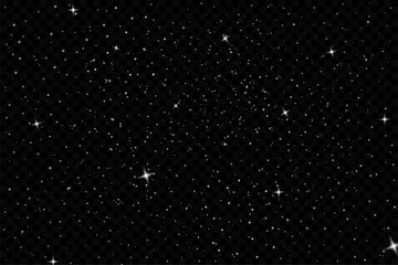 The dust sparks and white stars shine with special light. Vector sparkles on a transparent background.