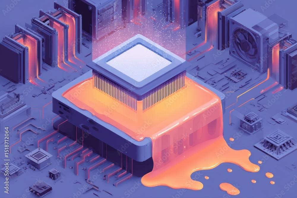Fototapete System Overload Illustration Showing a CPU Melting With Components Surrounding It, Representing a Critical Failure Scenario in Computing