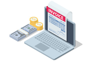 Isometric Modern vector illustration for e-billing, accounting, and online finance management. Electronic invoice system digital invoice receipt, coins, payment icon, and email notification