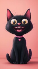 Full body black cat, playful look, shiny suspenders and pastel pink background. generative ai