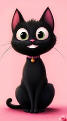 Full body black cat, playful look, shiny suspenders and pastel pink background. generative ai