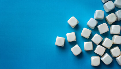 scattered blank white dice cubes on blue background with copy space