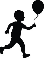 a boy is running with a balloon silhouette