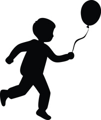 a boy is running with a balloon silhouette