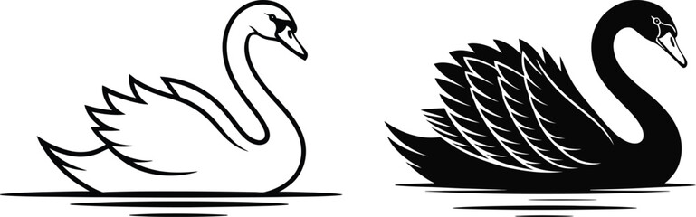 Naklejka premium Elegant Black and White Swan Vector Silhouettes – Graceful Bird Clipart Set