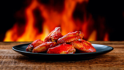 crispy fried chicken wings with red spicy sauce with blurred fire background