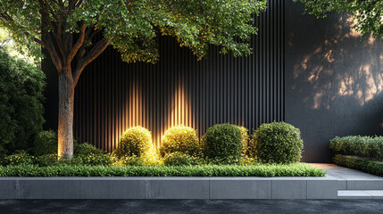 Obraz premium Modern aluminum fence with horizontal slats sits atop a grey concrete block base. Paired with a dense green hedge, it enhances privacy and style in a sleek, contemporary garden or outdoor design.