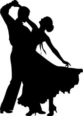 "A graceful ballroom dance couple, stylized in silhouette, captured mid-glide across the floor. Her dress sweeps behind her, and their posture is fluid and refined. Flowing vector-style lines trail th